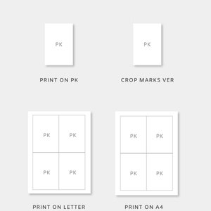Op de afbeelding: Vier verschillende afdrukbare PDF-lay-outs voor een afdrukbaar ontwerp. De lay-outs omvatten een enkel ontwerp op een standaard vel papier in letterformaat, een enkel ontwerp op een standaard vel papier in A4-formaat, een enkel ontwerp op een standaard vel papier in postkaartformaat en een enkel ontwerp met snijtekens op een standaard vel papier in letterformaat.