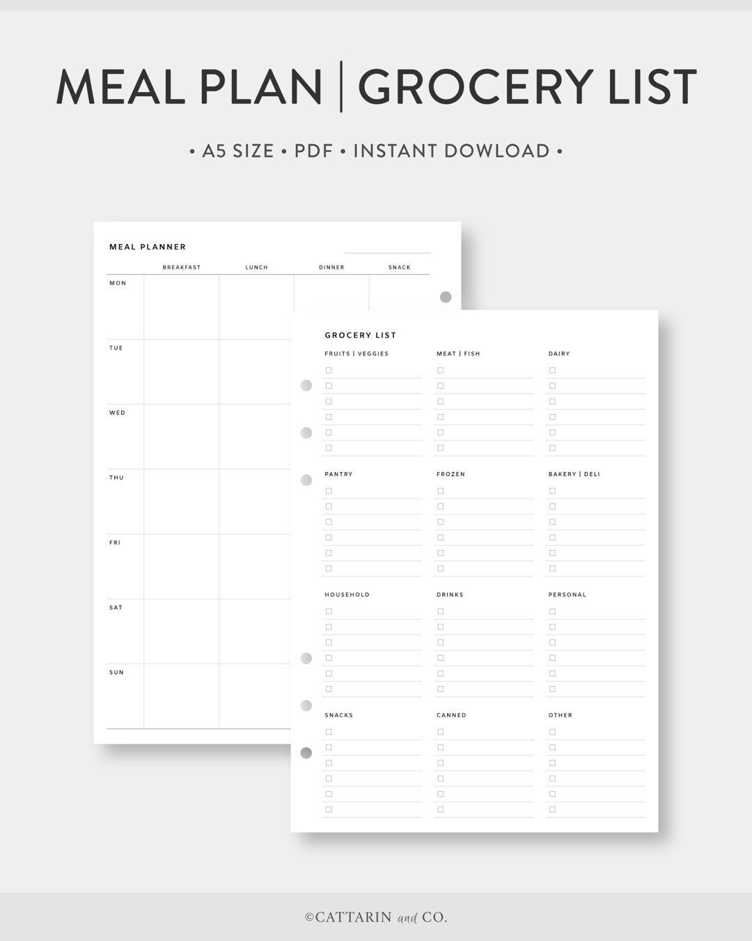 A5, Weekly Meal Planner, Grocery List Printable | Shopping List, Menu ...
