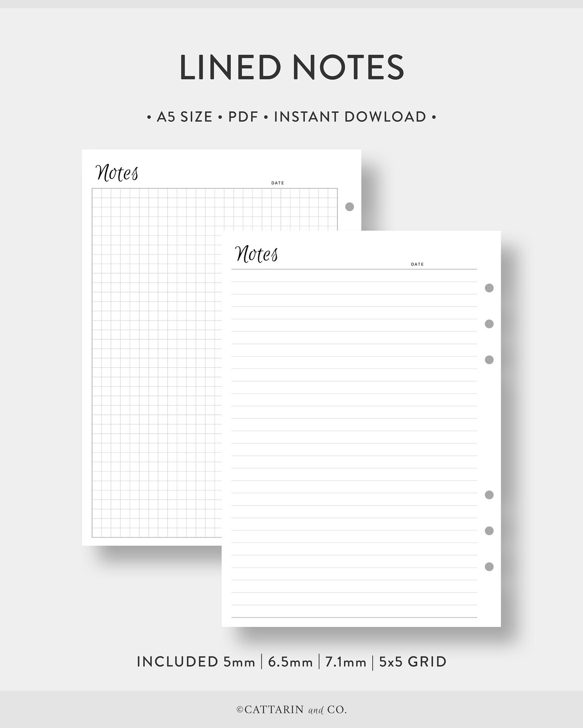 A5, Lined Notes Paper Template Grid Graph Ruled Paper College