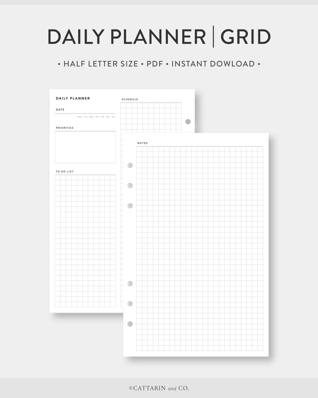 Half Letter, Undated Daily Planner Printable Grid Paper Day on Two ...