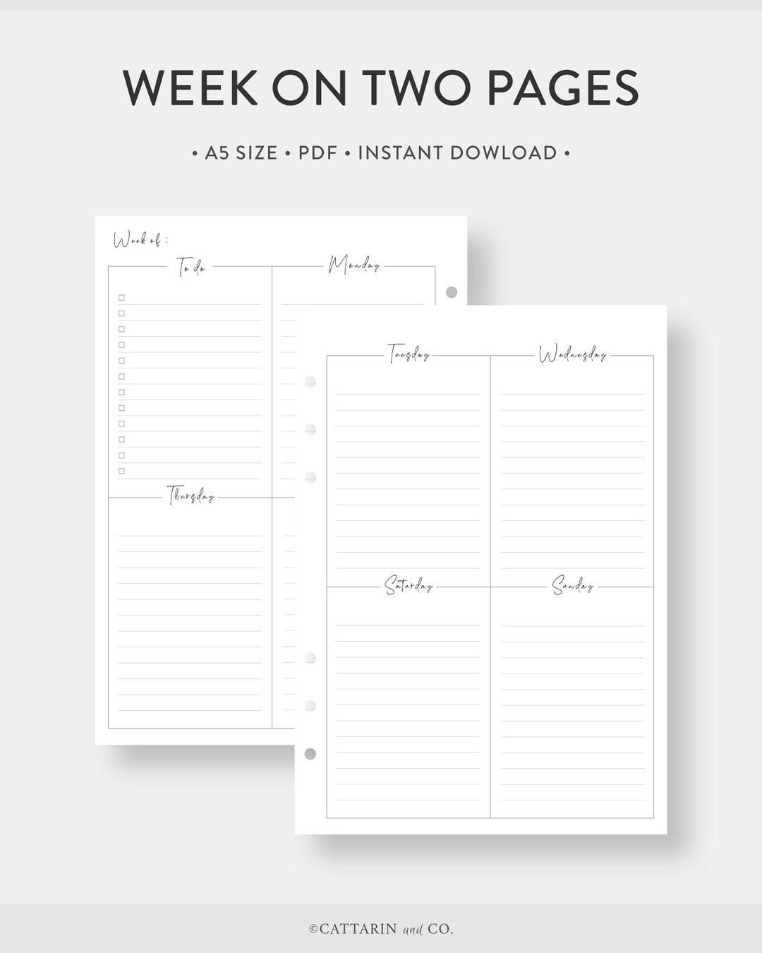 A5, Weekly Planner Printable Week on Two Pages Wo2p Undated Template ...