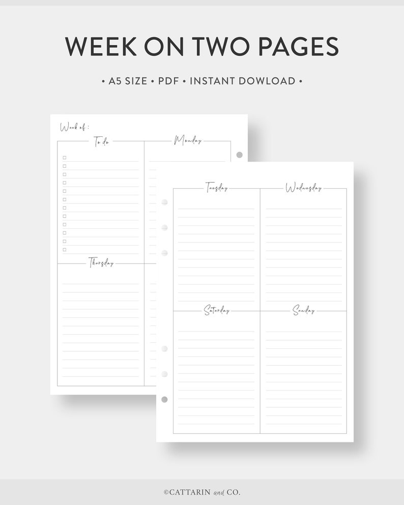 A5, Weekly Planner Printable | Week on Two Pages Wo2p | Undated ...