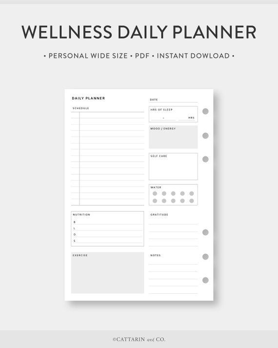 Personal Wide, Wellness Daily Planner Printable Day on One Page Undated  Template Journal PDF Inserts Digital Download 
