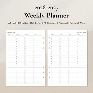 May include: A white weekly planner for 2026-2027, with a minimalist design. The planner includes sections for notes and hourly scheduling, with the text "Weekly Planner" at the top. Available in A4, A5, US Letter, Half Letter, FC Compact, Personal, and Personal Wide sizes.
