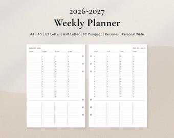 2026–2027 Weekly Planner | Hourly Schedule with To-Do Layout PDF | A4, A5, US Letter, Half Letter, FC, Personal, Personal Wide