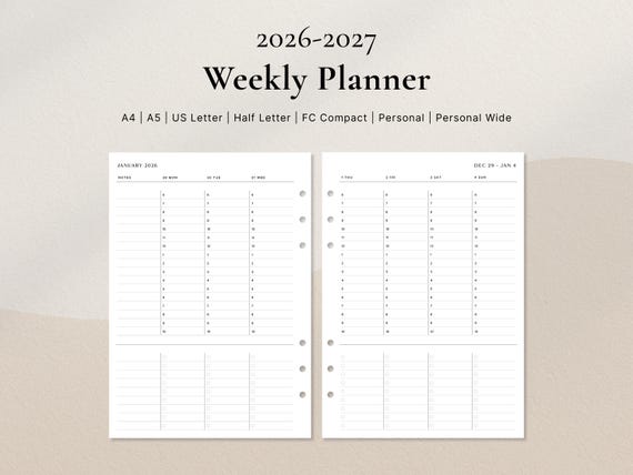 2026–2027 Weekly Planner | Hourly Schedule with To-Do Layout PDF | A4, A5, US Letter, Half Letter, FC, Personal, Personal Wide