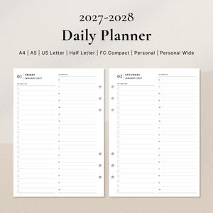 May include: A 2027-2028 daily planner template featuring two white pages with black text. The pages include a schedule, to-do list, and date headers for Friday and Saturday, January 2027. Available in A4, A5, US Letter, Half Letter, FC Compact, Personal, and Personal Wide.