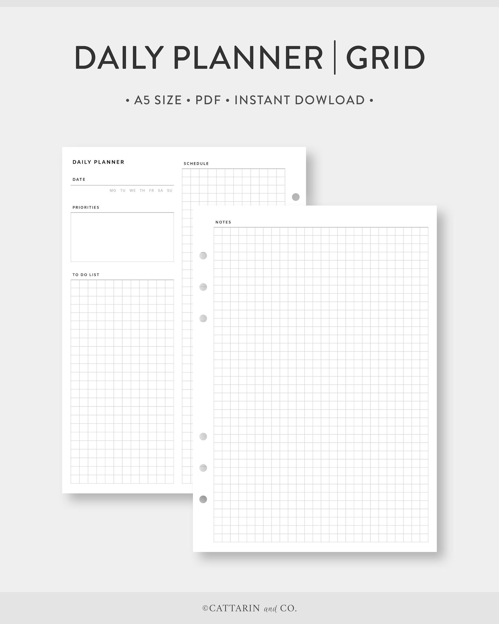 A5 Undated Daily Planner Printable Grid Paper Day on Two Etsy