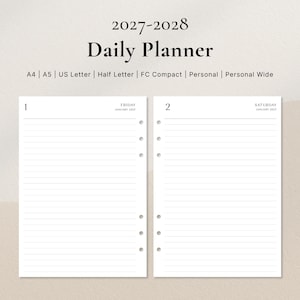 Dagliga anteckningar 2027–2028 | Daterade dagliga sidor Utskrivbar PDF | A4, A5, US Letter, Half Letter, FC, Personligt, Personligt brett