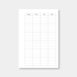 Op de afbeelding: Een printbare weekplanner met een gestreepte rasterindeling. De dagen van de week zijn bovenaan gelabeld: Wo, Do, Vr, Za.