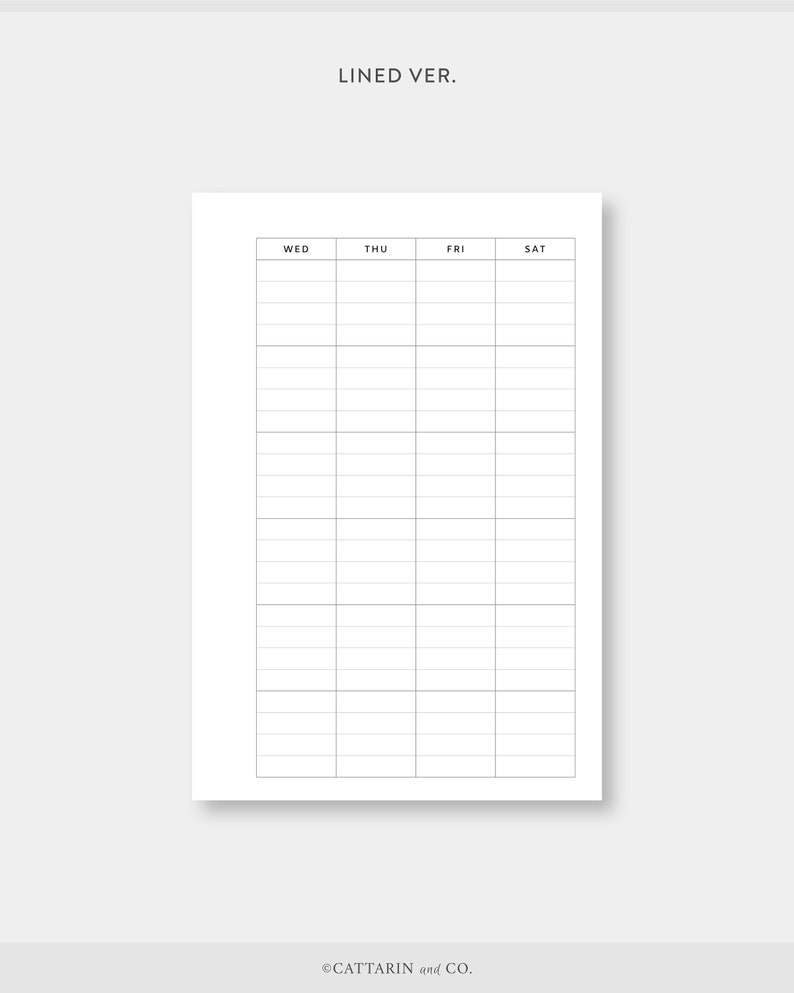 Op de afbeelding: Een printbare weekplanner met een gestreepte rasterindeling. De dagen van de week zijn bovenaan gelabeld: Wo, Do, Vr, Za.