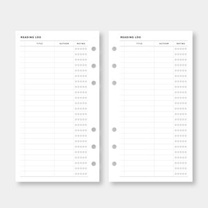 May include: A printable reading log with two columns for recording book titles, authors, and ratings. Each column has 20 rows for recording books. The rating section has five stars for each book.