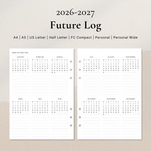 May include: A white planner insert with the text "2026-2027 Future Log." The insert includes calendar layouts for the years 2026 and 2027, with sections for each month. The planner is available in A4, A5, US Letter, and other sizes.