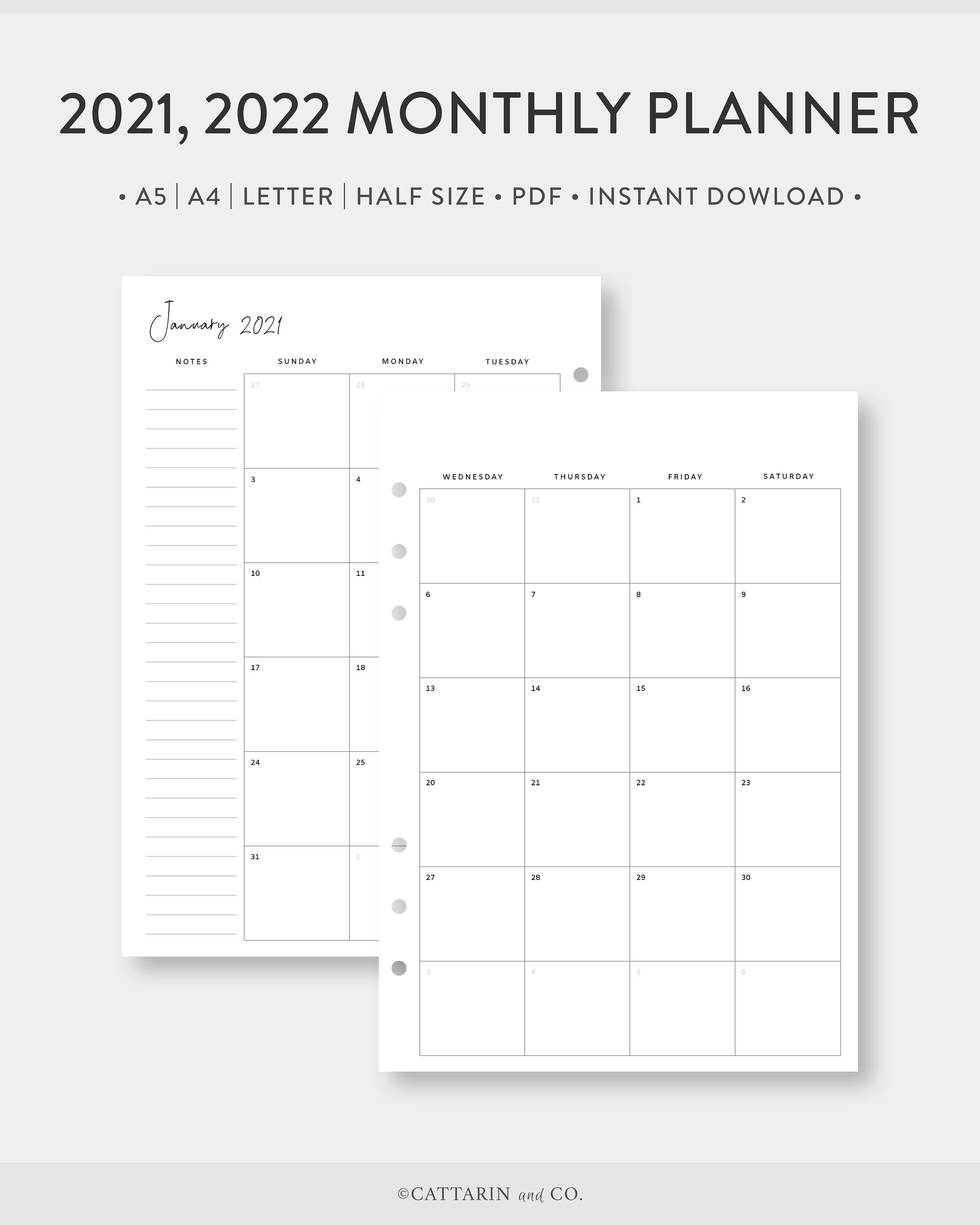 2021 2022 Monthly Planner Printable Calendar On Two Pages Etsy