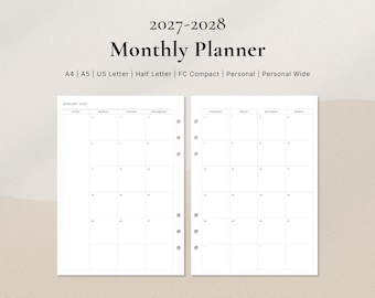 May include: A 2027-2028 monthly planner with two white pages featuring a grid calendar layout for January 2027. The text includes A4, A5, US Letter, Half Letter, FC Compact, Personal, and Personal Wide size options for the planner pages.