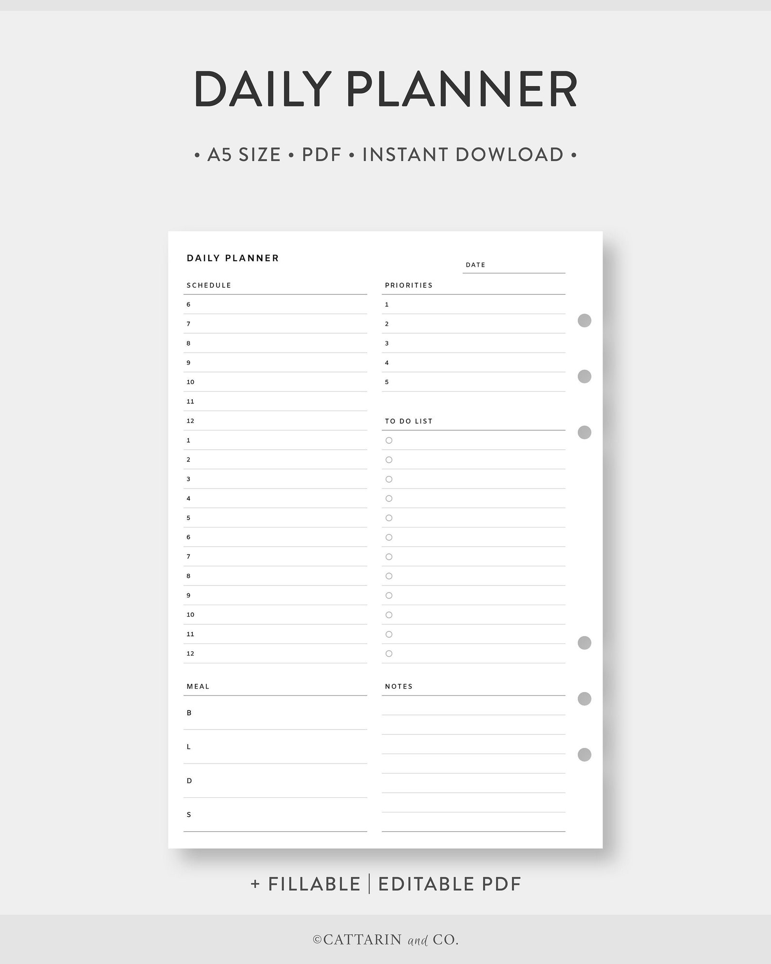 A5, Daily Planner Printable Fillable , Editable Day on One Page Undated ...