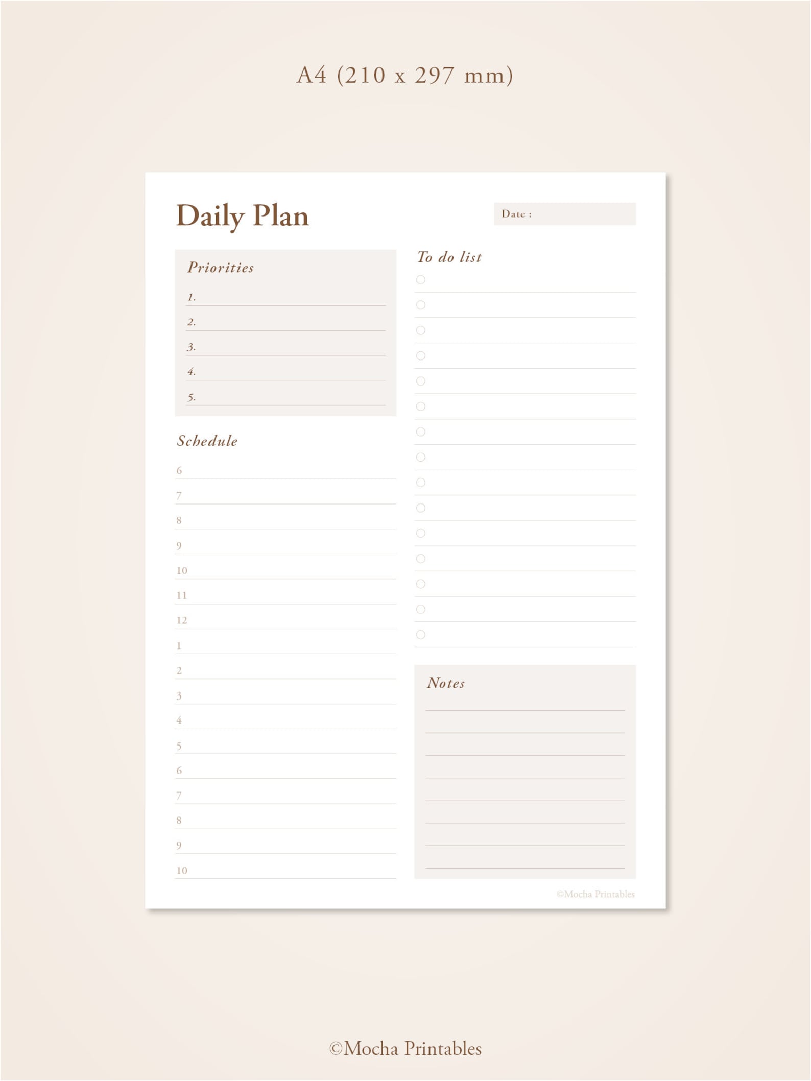 Daily Planner Printable | Day on One Page | A4, A5, US Letter, Half ...