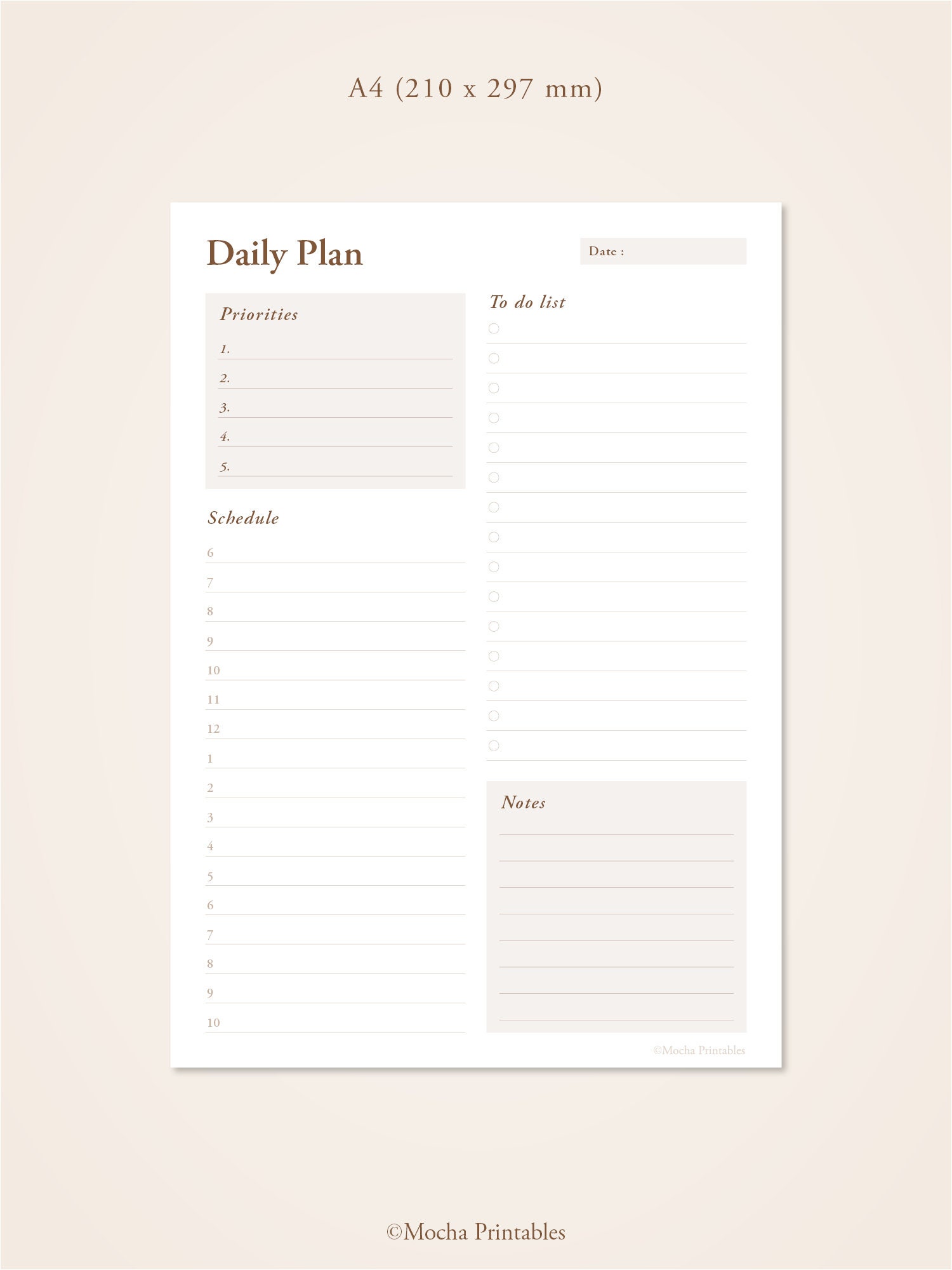 Daily Planner Printable | Day on One Page | A4, A5, US Letter, Half ...