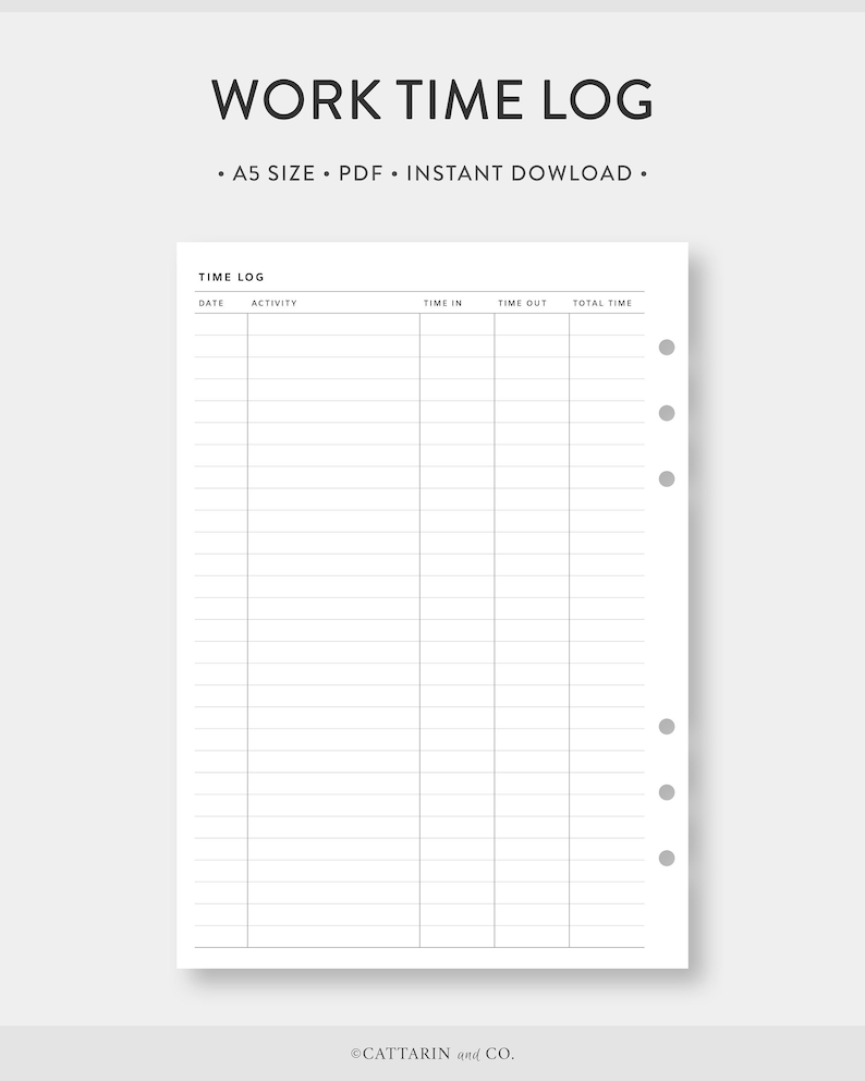 A5, Work Time Log Printable | Simple Time Sheet Tracker Template ...