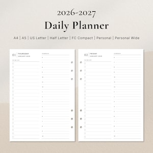 Op de afbeelding: Een 2026-2027 dagplanner-sjabloon met twee witte pagina's met zwarte tekst. De pagina's bevatten een schema, een takenlijst en datumkoppen voor donderdag 1 januari en vrijdag 2 januari. Beschikbaar in A4, A5, US Letter en andere formaten.