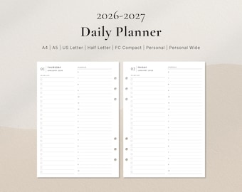 Tagesplaner 2026–2027 zum Ausdrucken, datiert, eine Seite pro Tag | A4, A5, US Letter, Half Letter, Personal, Personal Wide