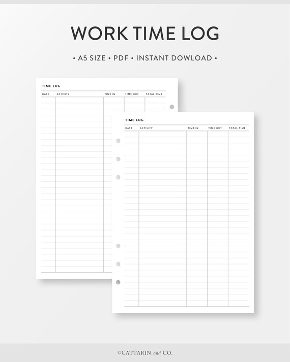 A5 Work Time Log Printable Simple Time Sheet Tracker Etsy