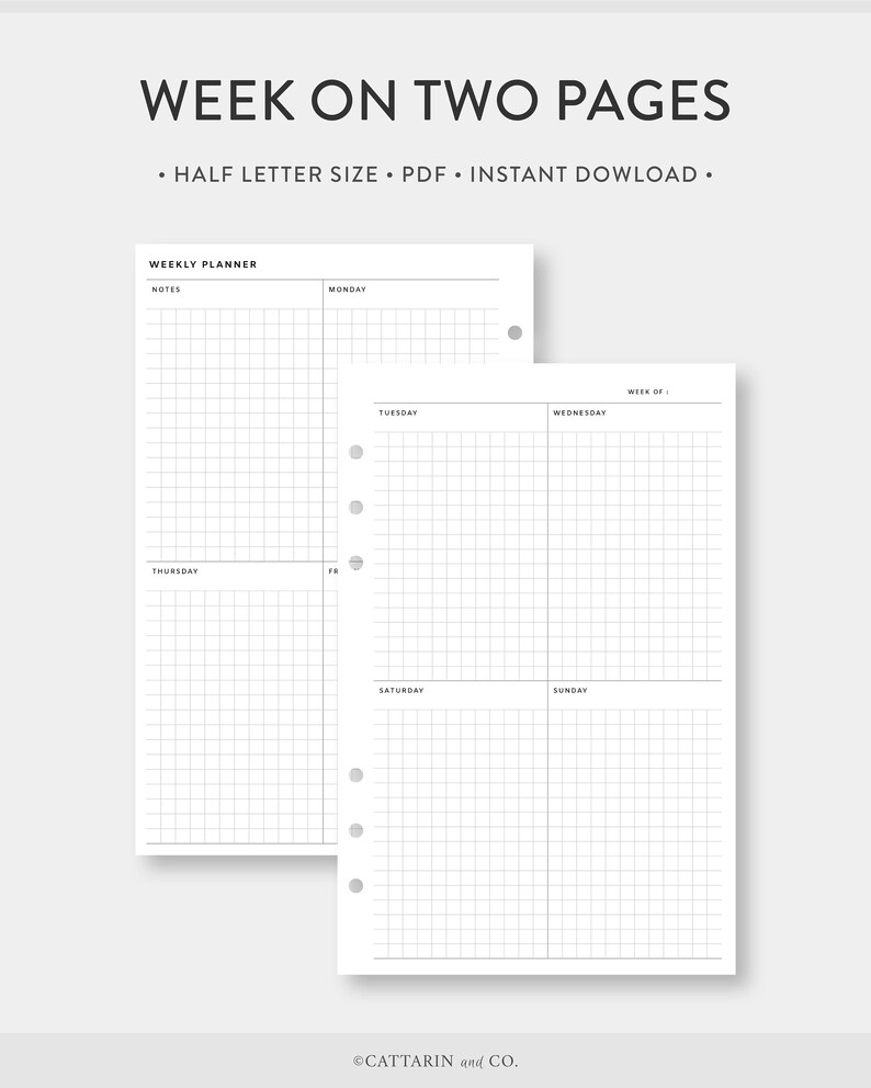 Half Letter, Weekly Planner Printable | Vertical Grid | Week on Two ...