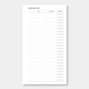 May include: A printable reading log with columns for title, author, and rating. The rating column has five stars for each row.