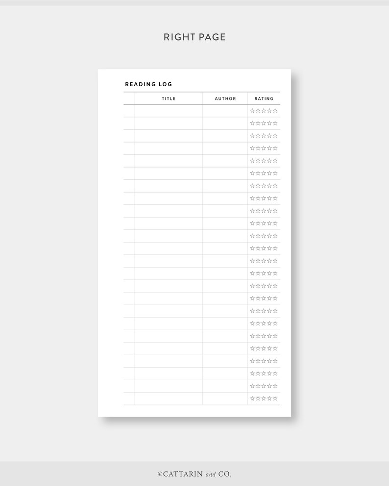 May include: A printable reading log with columns for title, author, and rating. The rating column has five stars for each row.