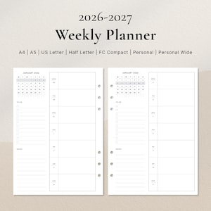 Puede incluir: Una página doble de un planificador semanal para 2026-2027. La página izquierda tiene un calendario de enero de 2026 y una lista de tareas. La página derecha refleja el diseño. El planificador se titula "Weekly Planner" e incluye opciones de tamaño.