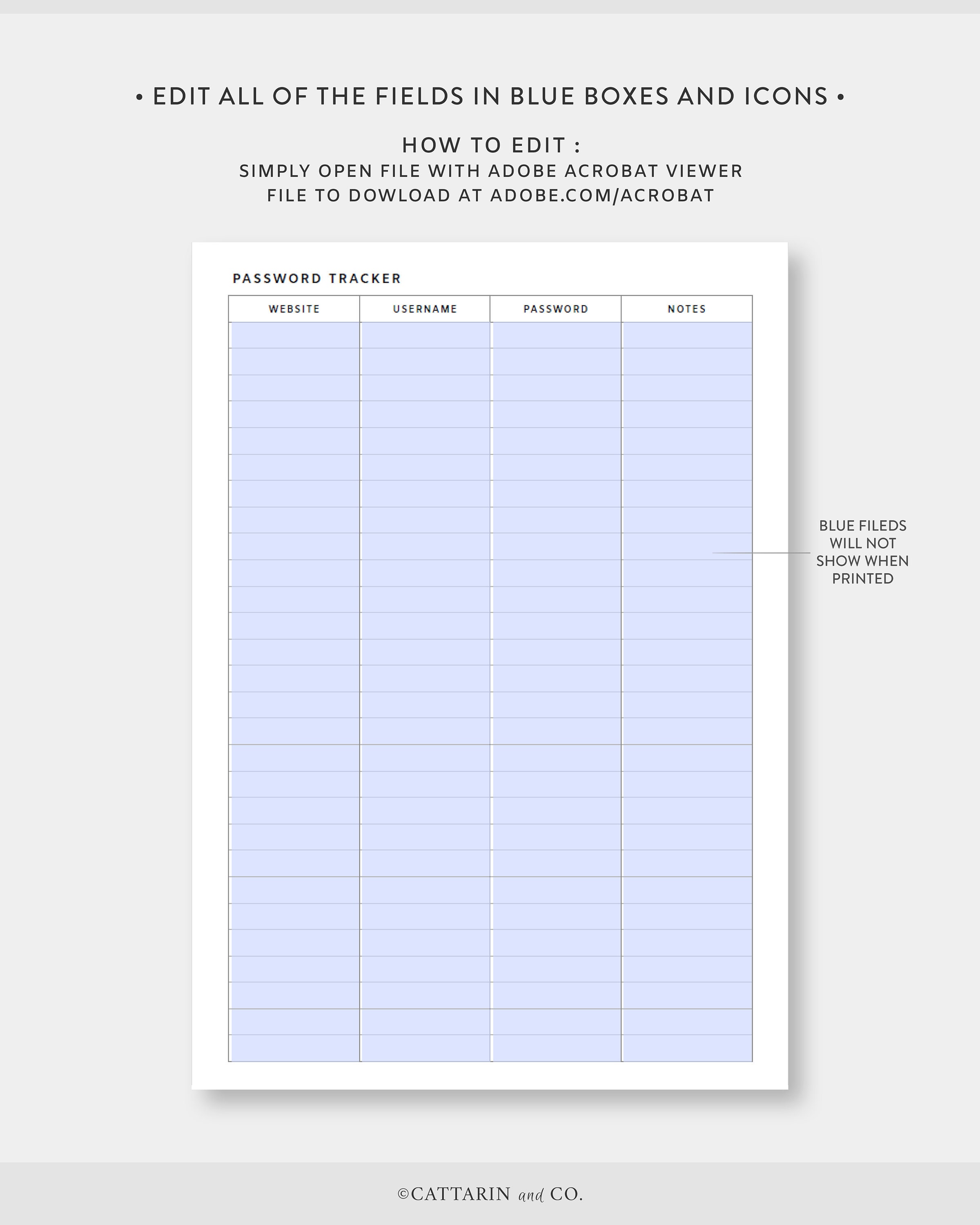 A4 US Letter, Password Tracker Printable Fillable. Editable PDF ...