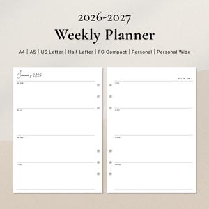 2026-2027 Weekly Planner Printable | Week on Two Pages | A4, A5, US Letter, Half Letter, Personal, Personal Wide