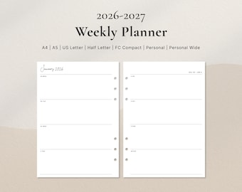 2026-2027 Weekly Planner Printable | Week on Two Pages | A4, A5, US Letter, Half Letter, Personal, Personal Wide