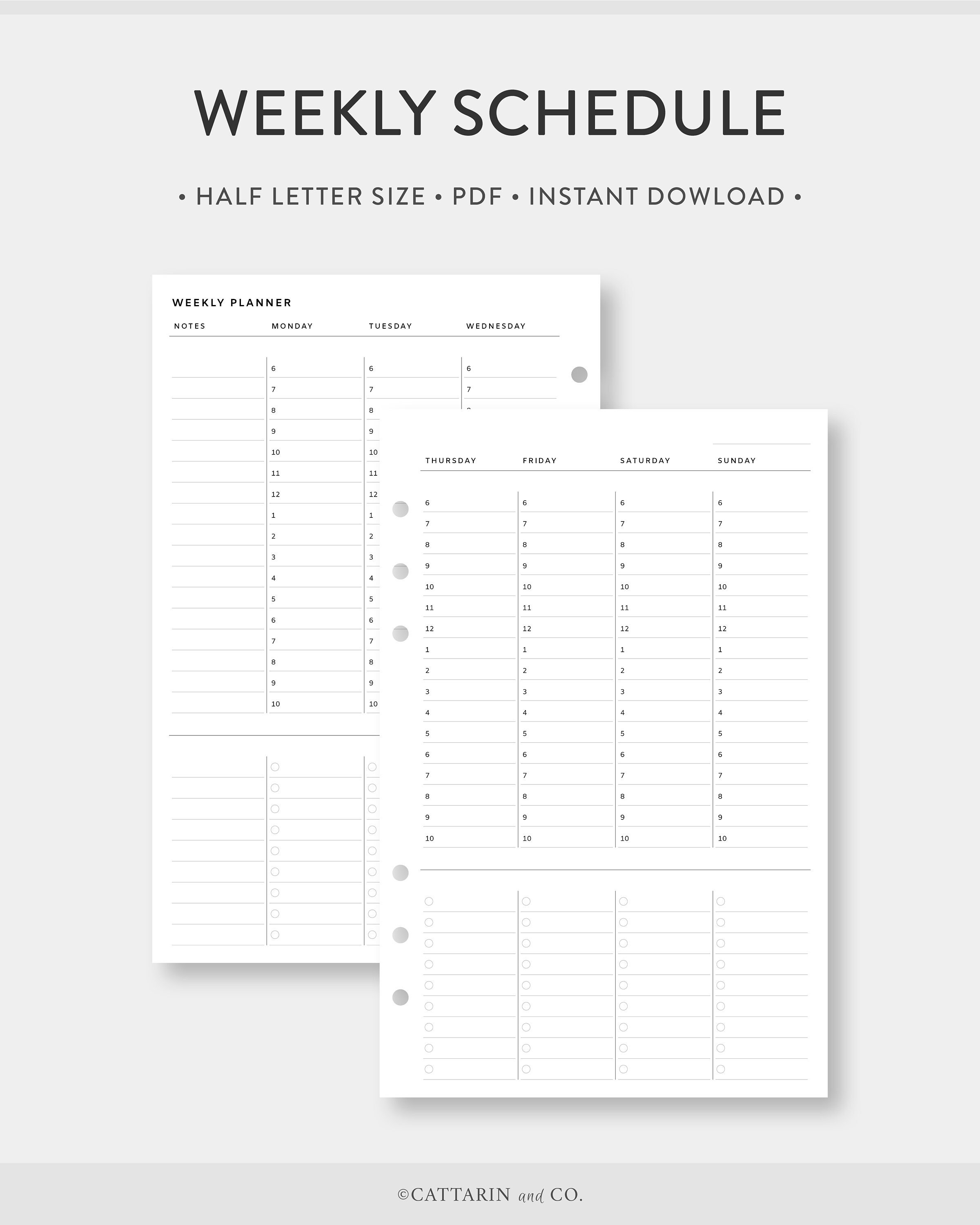 Half Letter Weekly Schedule Vertical Hourly Planner Printable - Etsy