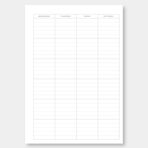May include: A printable weekly planner with lined sections for Wednesday, Thursday, Friday, and Saturday. The planner is designed for organizing daily tasks and appointments.