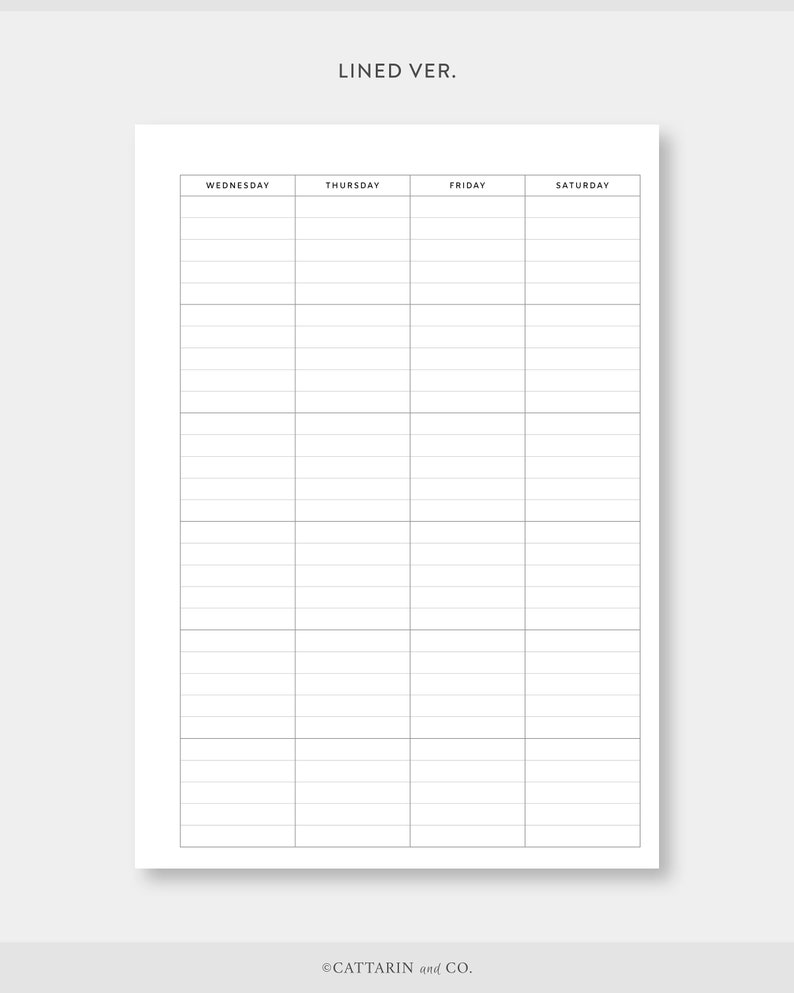 May include: A printable weekly planner with lined sections for Wednesday, Thursday, Friday, and Saturday. The planner is designed for organizing daily tasks and appointments.