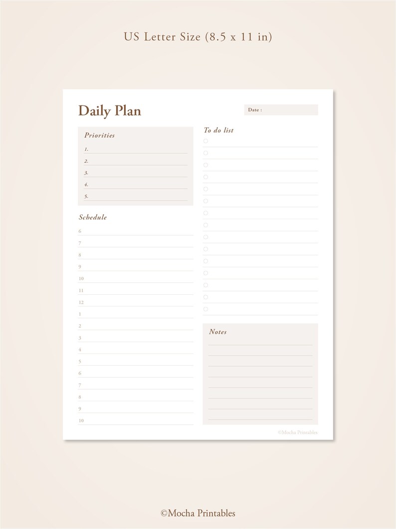 Daily Planner Printable | Day on One Page | A4, A5, US Letter, Half ...