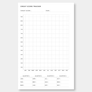 Op de afbeelding: Een printbare credit score tracker met een raster om scores gedurende een jaar bij te houden. Het raster is gelabeld met maanden en kwartalen. De pagina bevat ook ruimte om een ​​doelscore en het jaar in te vullen.