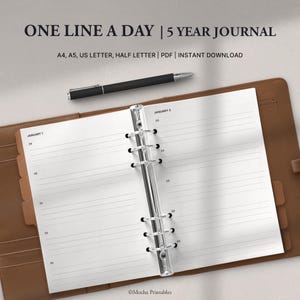 Una línea al día – Diario de 5 años / Reflexión diaria minimalista (PDF) / A4, A5, Carta (EE. UU.), Media carta