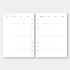 May include: A blank monthly planner with a grid layout for each day of the week. The planner has a section for notes and a section for each day of the week, including Sunday. The planner has a title that says "MONTHLY PLANNER" and a note that says "BLANK VER."