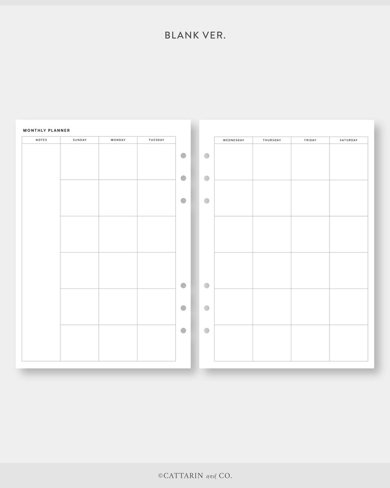 May include: A blank monthly planner with a grid layout for each day of the week. The planner has a section for notes and a section for each day of the week, including Sunday. The planner has a title that says "MONTHLY PLANNER" and a note that says "BLANK VER."