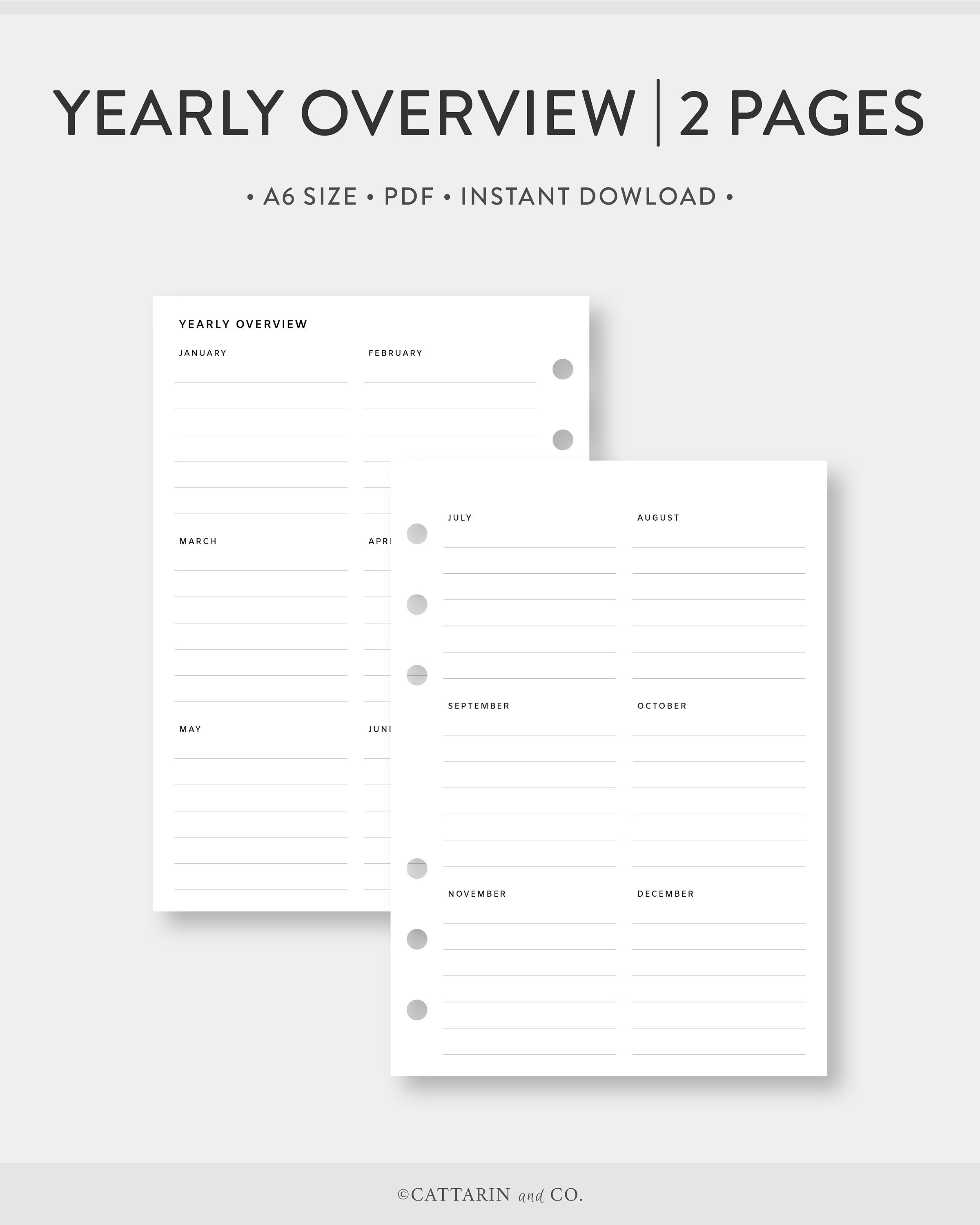 A6 Yearly Overview Printable Year on Two Pages Year at a - Etsy