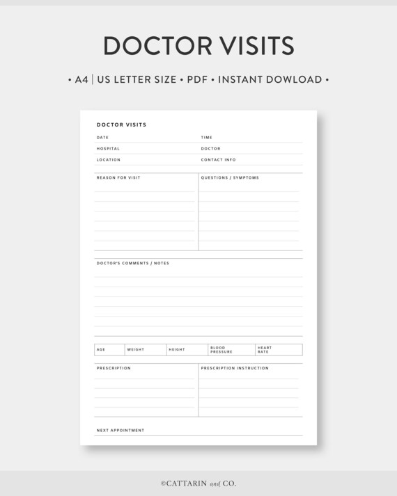 A4 | US Letter, Doctor Visits Printable | Doctor Visit Log, Medical Appointment Record, Medical Tracker | Health Wellness Physicians