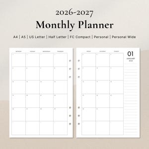 May include: A double-page spread of a monthly planner for 2026-2027. The left page has a grid for the days of the week, and the right page shows the date, January 01, 2026, and lined notes. Available in A4, A5, US Letter, and other sizes.