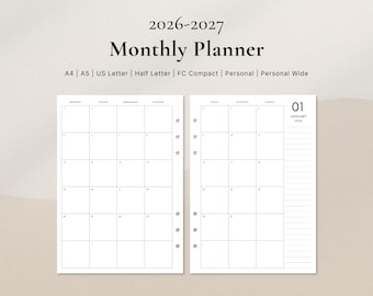 2026–2027 Monatlicher Kalender | Modernes Box Layout mit Monats-Label PDF | A4, A5, US Letter, Half Letter, FC, Personal, Personal Wide