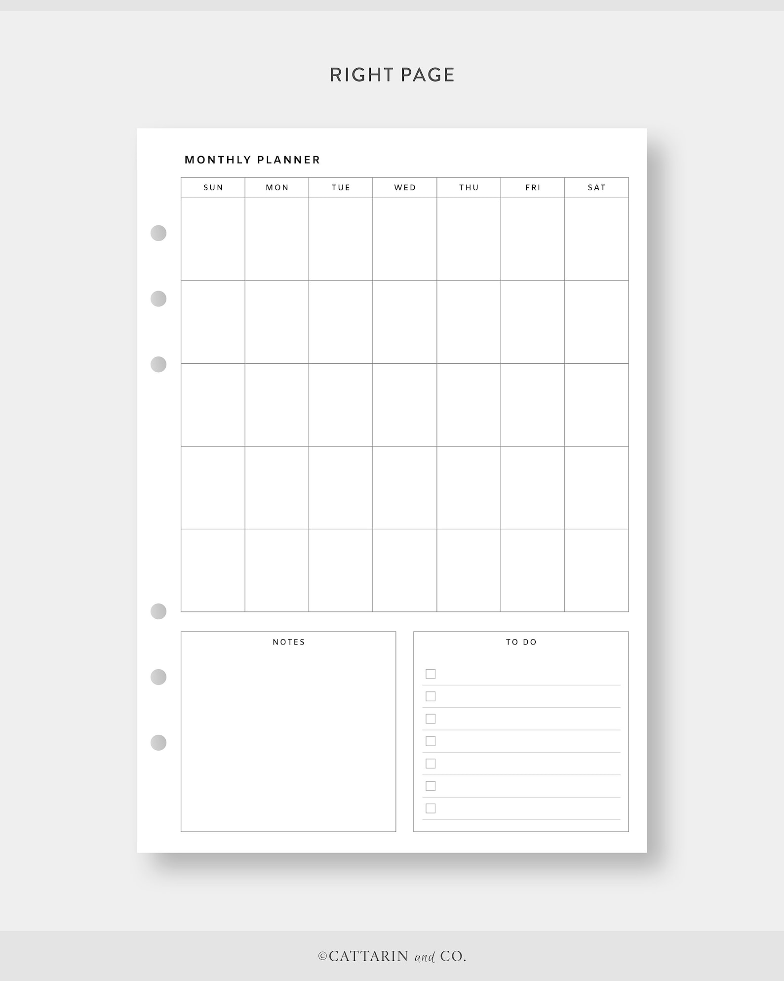 A5, Undated Monthly Planner Printable Month on One Page to Do List