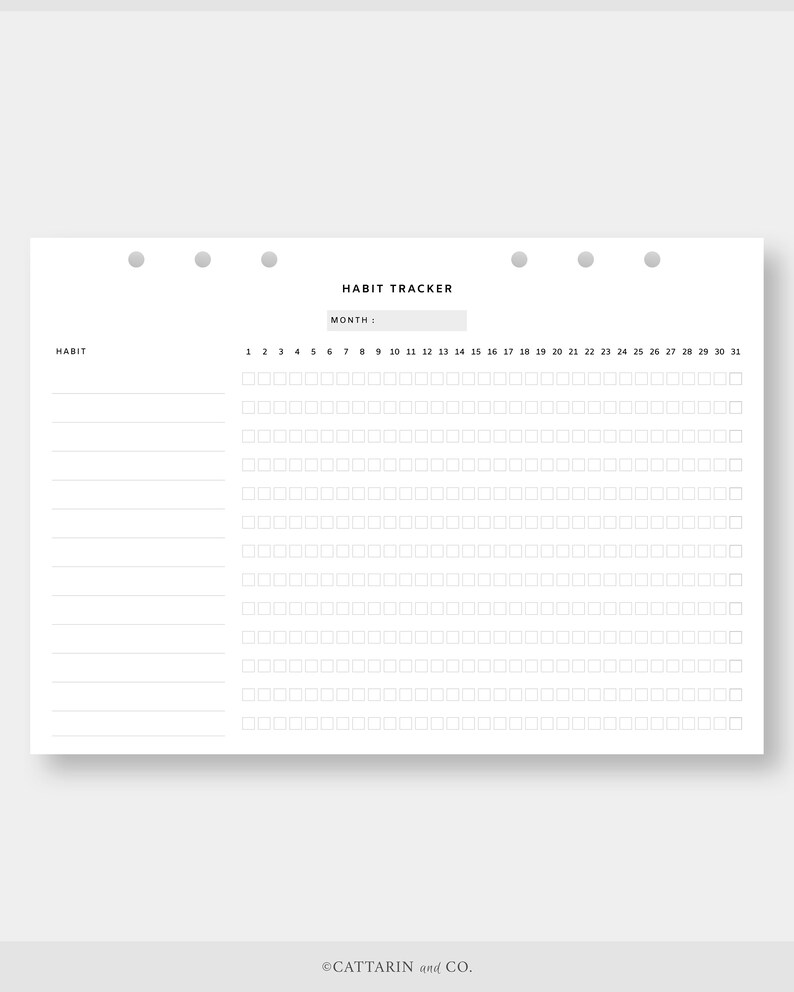 May include: A printable habit tracker with a blank space for the month. The tracker has a grid of 31 squares for each day of the month and a space for writing the habit at the top of each row.