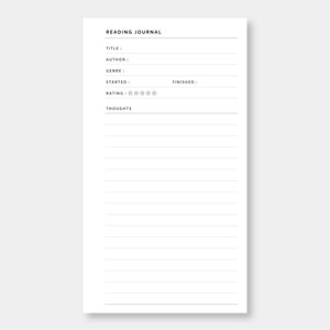 May include: A printable reading journal page with sections for title, author, genre, started, finished, rating, and thoughts. The rating section has five stars.