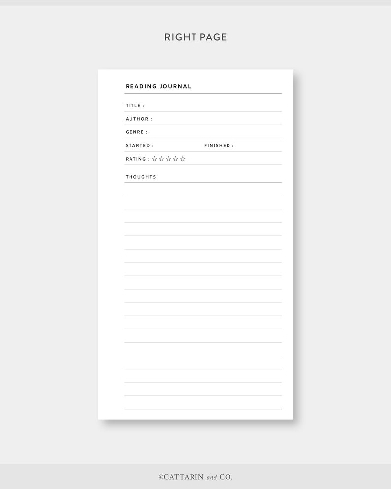 May include: A printable reading journal page with sections for title, author, genre, started, finished, rating, and thoughts. The rating section has five stars.