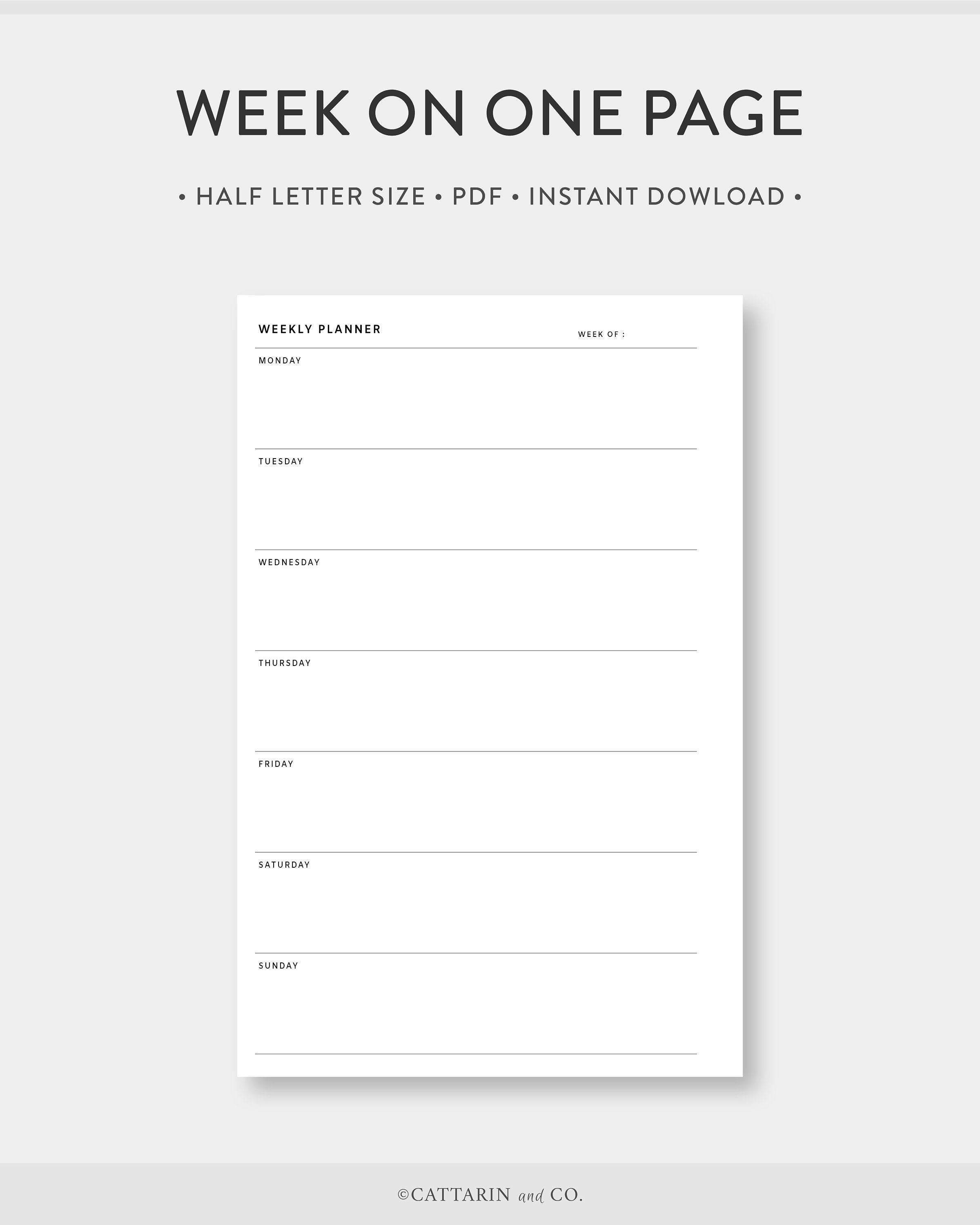 Half Letter, Weekly Planner Printable | Week on One Page | Undated ...